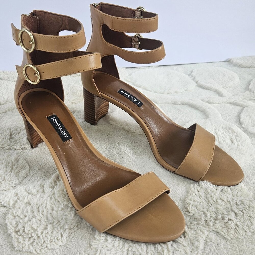 NineWest Double Ankle Strappy Block Heel Sandals Womens 9.5 Tan Leather Office
